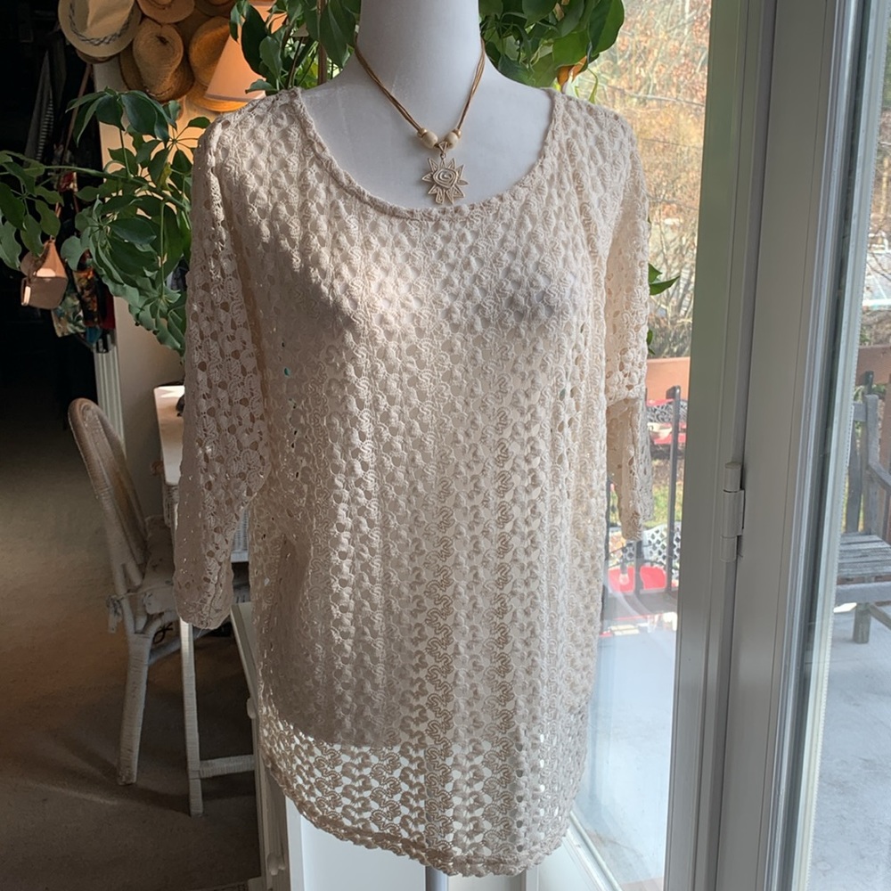 Monteau Open Knit Crochet Top Blouse Sz L